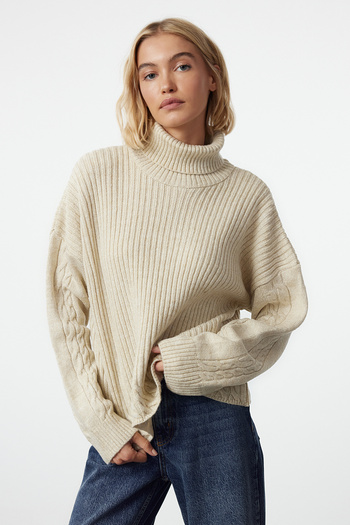 Trendyol Collection Soft Textured Hair Braided Turtleneck Sweater - Twoaw24Kz00777