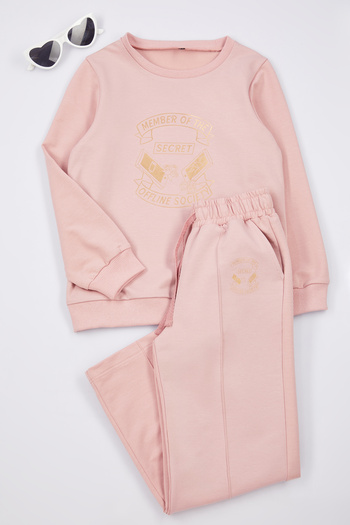TRENDYOLKIDS Dusty Rose női gyerek szlogen kötött alsó-felső szett TKDAW25AU00138
