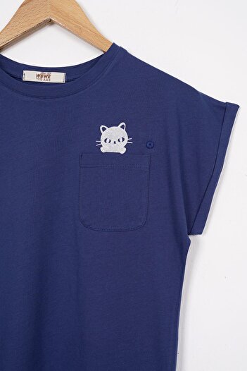 zepkids Κοριτσίστικο μπλουζάκι Navy Blue - Crew Neck, Cat Printed, Λεπτομέρεια τσέπης