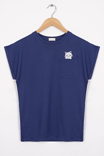 zepkids Κοριτσίστικο μπλουζάκι Navy Blue - Crew Neck, Cat Printed, Λεπτομέρεια τσέπης