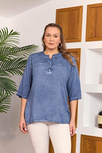 RMG Plus Size Indigo Blouse - Collar Sequin Detail