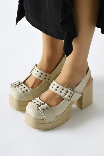 Limoya Marise Beige Oval Toe Platform Double Belt Accessory Women's Casual Shoes