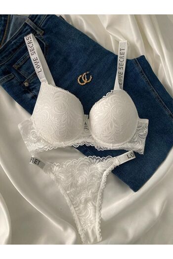 Beyaz Gelincik Underwear Γυναικείο Σετ Εσώρουχα Σετ Εσώρουχα με Λευκή Δαντέλα με Πέτρα με Επένδυση Push Up