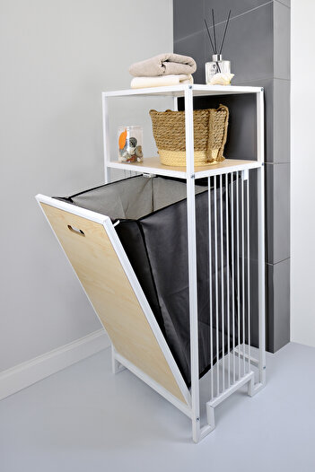 Digithome Metal Kirli Sepetli 2 Raflı Çok Amaçlı Banyo Düzenleyici Raf Organizer Akçaağaç – MRS-006