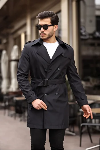MEECY Schwarzer Trenchcoat für Herren – mit Gürtel, wasser- und winddicht, Übermantel