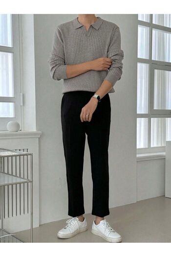 Tarz Cool Dark Gray Men's Polo Collar Ribbed Knitwear Sweater