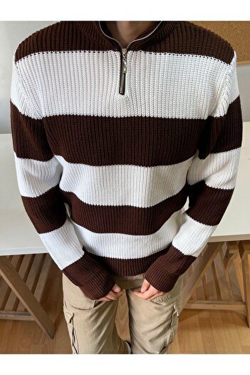 Tarz Cool Brown-White Zippered Striped Patterned Knitwear Sweater
