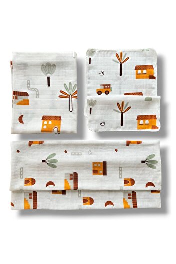 Mutlu Gün Marketi 100x80cM Muslin Blanket and 2 Handkerchiefs 2 Shoulder Diapers - Newborn Baby Set 5 Pieces Marrakech Pattern