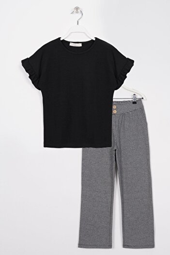 zepkids Black Pintuck Detailed Girl's Pants Set - Crew Neck, Short Sleeve