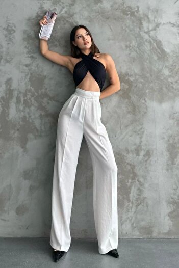 Yefrastore White Linen Palazzo Trousers - Double Buttons and Pleats