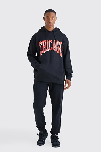 Mythologie Chicago Tracksuit - Black Printed Suit Jogger Sweatshirt Elastic Leg Hooded