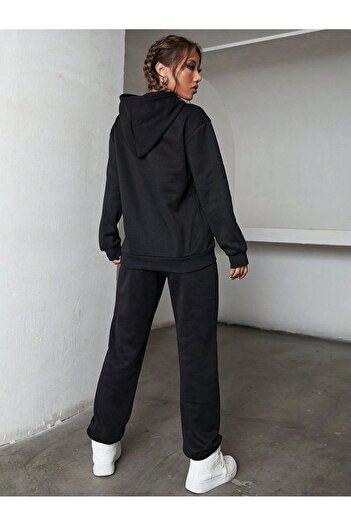 Mythologie Babe Tracksuit Set - Black Printed Bottom Top Set Jogger Sweatshirt Rubber Leg Hooded