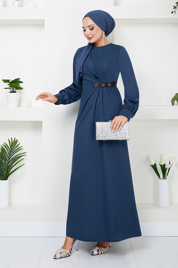 ModaMerve Indigo Evening Dress - Stone EMbroidered Waist, Model 5027SL890-M