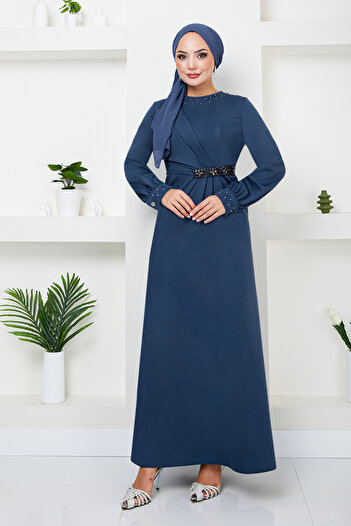 ModaMerve Indigo Evening Dress - Stone EMbroidered Waist, Model 5027SL890-M