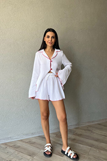 Seda Yalçın Atelier Long Sleeve Red Striped Elastic Shorts Set