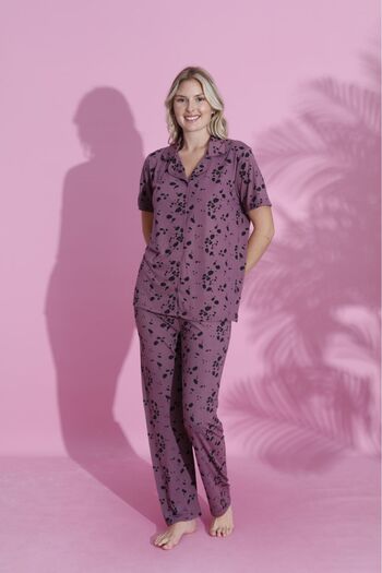 PİJAMOOD Women's Printed Short Sleeve Cotton Front Buttoned Pajamas Set