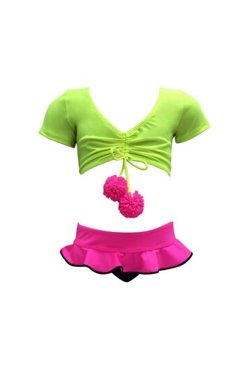 LOOK ME Nessi Byrd 50Uv Girls' Bikini Set - V-Neck, Short Sleeve, Drawstring Pompom Detail