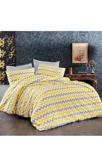CARWEN TEKSTİL Ranforce Cotton Duvet Cover Set with Elastic Sheets, Single Yellow Zigzag