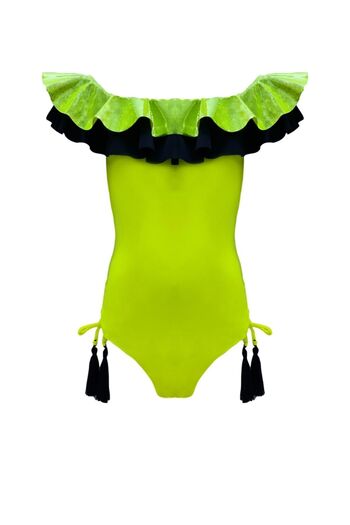 LOOK ME Boat Neck Ruffled Tassels Green 50Uv Girl's Swimsuit by Nessi Byrd