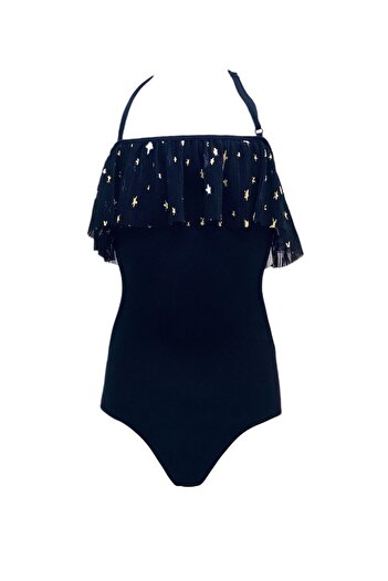 LOOK ME Nessi Byrd 50Uv Swimsuit for Girls - Halter Neck with Tulle Ruffles and Gold Star Detail Black