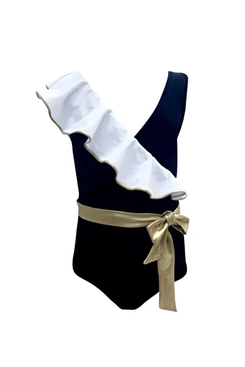 LOOK ME Black 50uv Girl's Swimsuit - Strappy Cross, Large RuFFle Gold Belt and Bow Detail