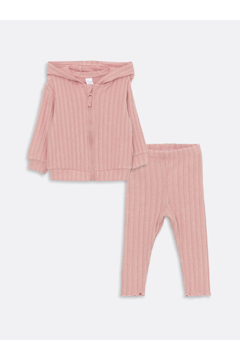 LC Waikiki LCW Baby-Strickjacke und Leggings mit Kapuze in Mattrosa für Babys im 2er-Set