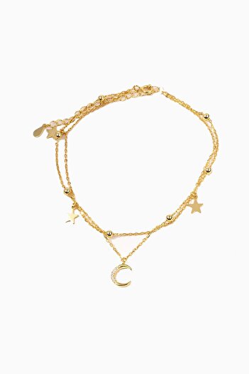 New Obsessions Stainless Steel Stoned Moon and Gold Color Star Dangle Women's Anklet 2 Rows
