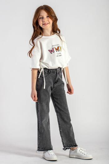 zepkids High Waist Elastic Wide Paca Gray Color Girl's Jeans Trousers