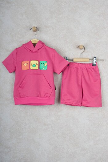 BUUFUU Smiling Face Hooded Children's Double Set with Kangaroo Pocket Shorts