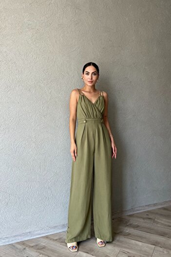 Seda Yalçın Atelier Khaki Cross Neck Button Detailed Rope Strap Jumpsuit