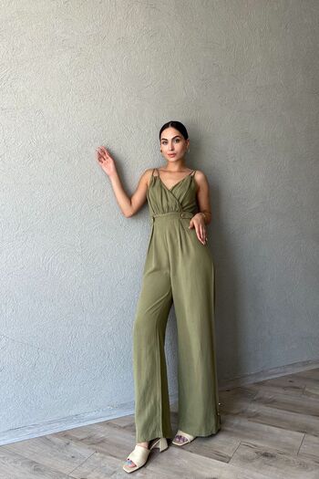 Seda Yalçın Atelier Khaki Cross Neck Button Detailed Rope Strap Jumpsuit