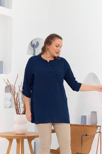 RMG large Size Voile Viscose Tunic - NavY Blue with Pocket and Sleeve Detail and Slits
