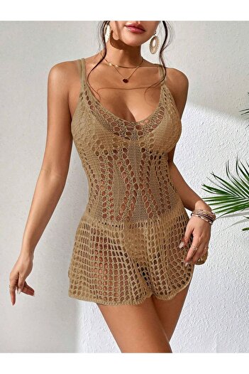 TRQOM Camel Mesh Mini Beach Dress - V λαιμόκοψη, αμάνικο, με τιράντες και χαμηλή πλάτη