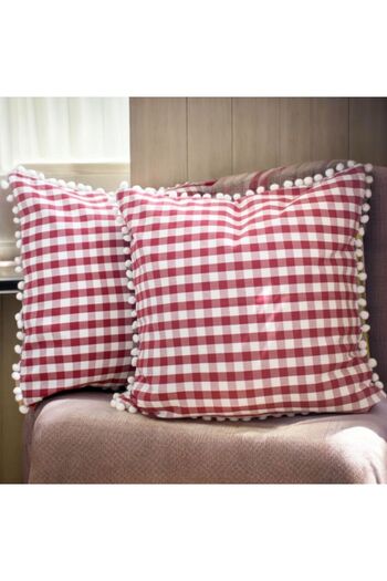 Erba kreasyon 100% Cotton - Gingham Patterned Pompom Pillow Cover
