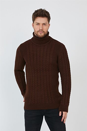 Tarz Cool Кафяв мъжки плетен пуловер с шарки - trz8146r04s