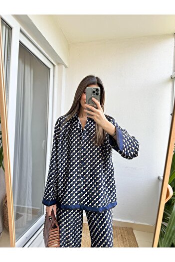 MERVE AKSOY Navy Blue Geometric Patterned Satin Set