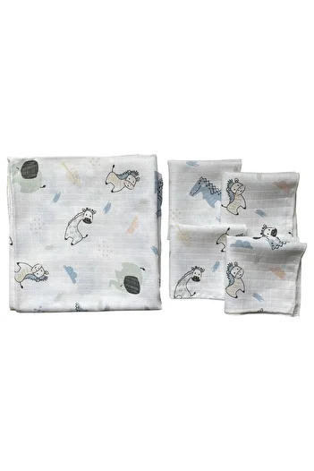 Mutlu Gün Marketi Muslin Baby Blanket - 100x80cm, 4 Wipes, Happy Animals Figured