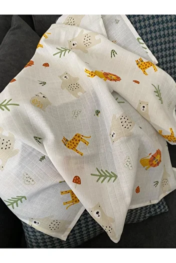 Mutlu Gün Marketi 100x80cm Muslin Blanket - 4 Handkerchiefs, 100% Cotton, Oeko-Tex Certified, Safari Figured
