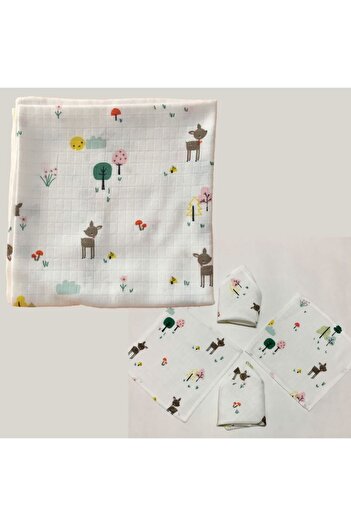 Mutlu Gün Marketi Muslin Cover and 4 Handkerchiefs with Bambi Figure