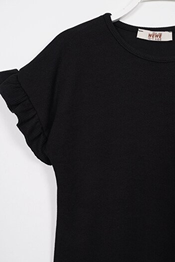 zepkids Black Pintuck Detailed Girl's Pants Set - Crew Neck, Short Sleeve