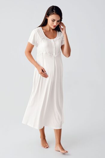 Artış Ecru Viscose maternity Nightgown and Dressing Gown Set - 12401