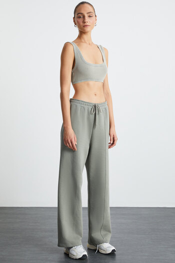 GRIMELANGE Reena Women's 100% Organic Cotton Ribbed Open Front Khaki Sweatpants