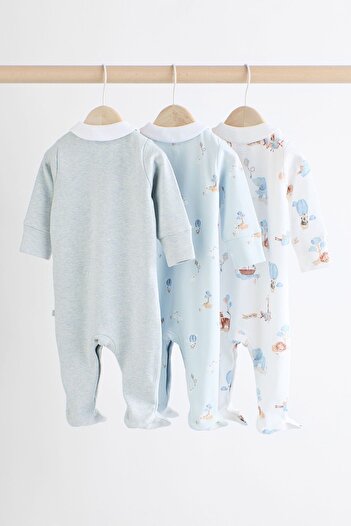 Next Baby % 100 Pamuklu Mavi Fil Desenli Bebe Yaka 3’lü Tulum Set