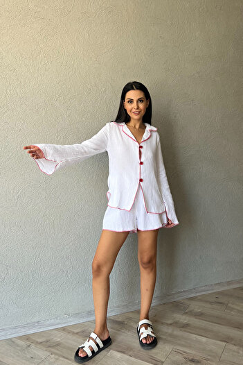 Seda Yalçın Atelier Long Sleeve Red Striped Elastic Shorts Set