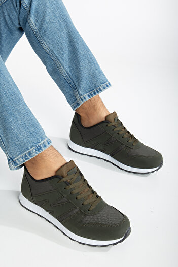 BOUIS Men's Khaki Black Lace-Up Casual Comfortable Light Soft Sole Mesh Sneakers