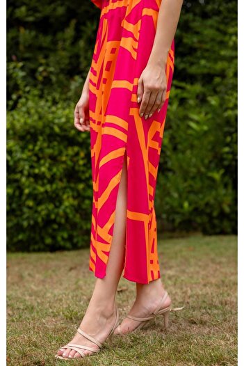 HARMONY GLOBAL Fuchsia-orange Viscose Fabric - Thin Belt and Slit Waist Elastic Dress 0037