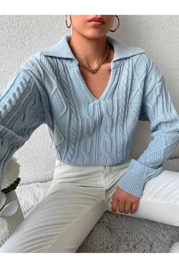 citystyle Pulover de tricotaj Baby Blue - Guler polo, model tricotat și detaliu decoltat