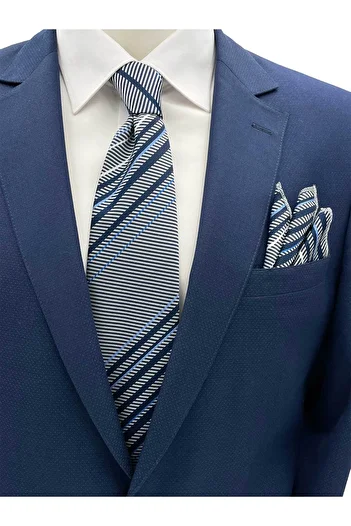 Brianze White Gray Navy Blue Striped Tie Handkerchief Set