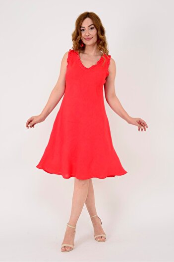 Park Moda 14046 Gipury Detailed Sleveless Linen Dress