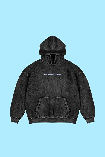 Sekizbiraltı Ξεπλυμένη μαύρη κουκούλα με στάμπα Unisex Oversize